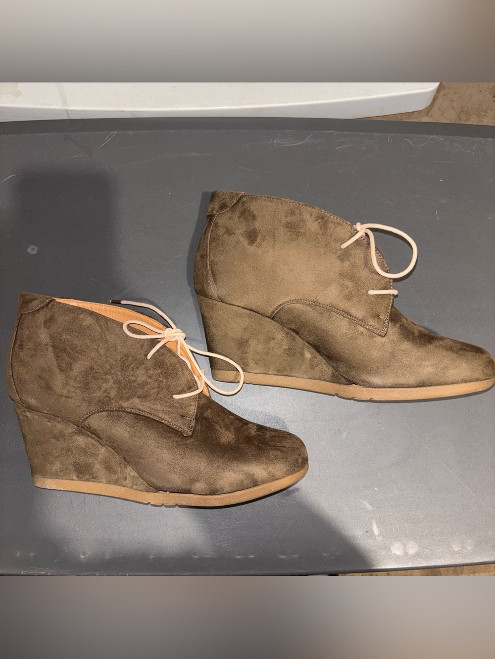Ashley Stewart Olive Brown Suede Wedge Lace-Up Booties Size 12W